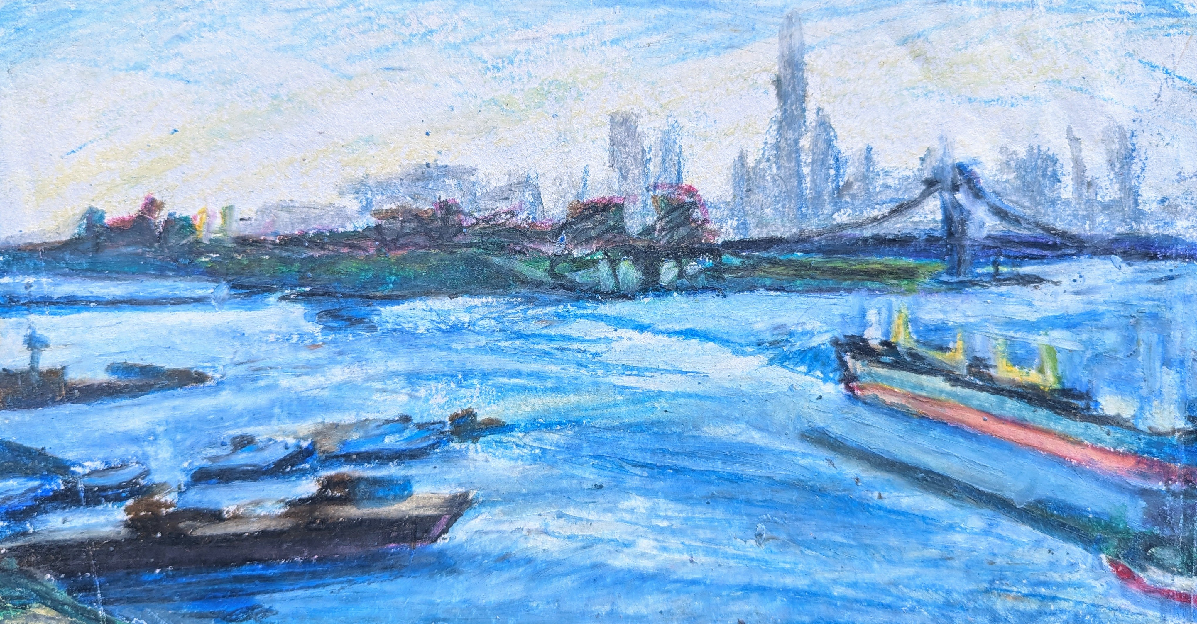 Manhattan from the Brooklyn Navy Yard,  original oil pastel