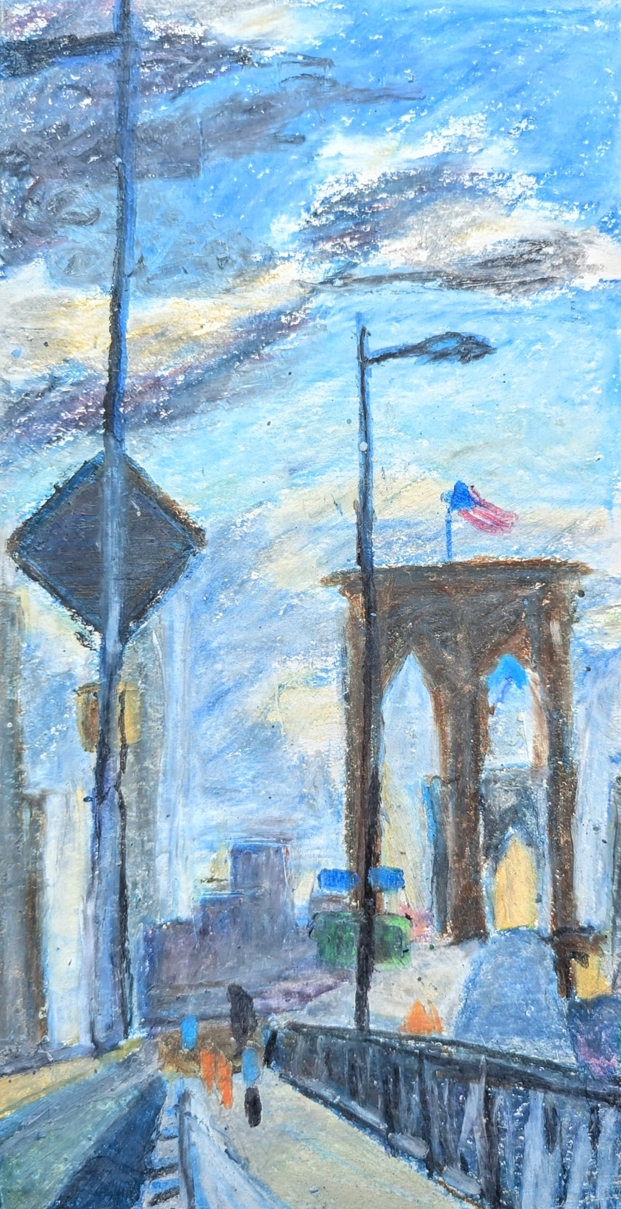 The Brooklyn Bridge,  original oil pastel