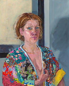 Self-portrait at 42: in my Birthday Robe with my Lumpectomy Scar, original oil painting
